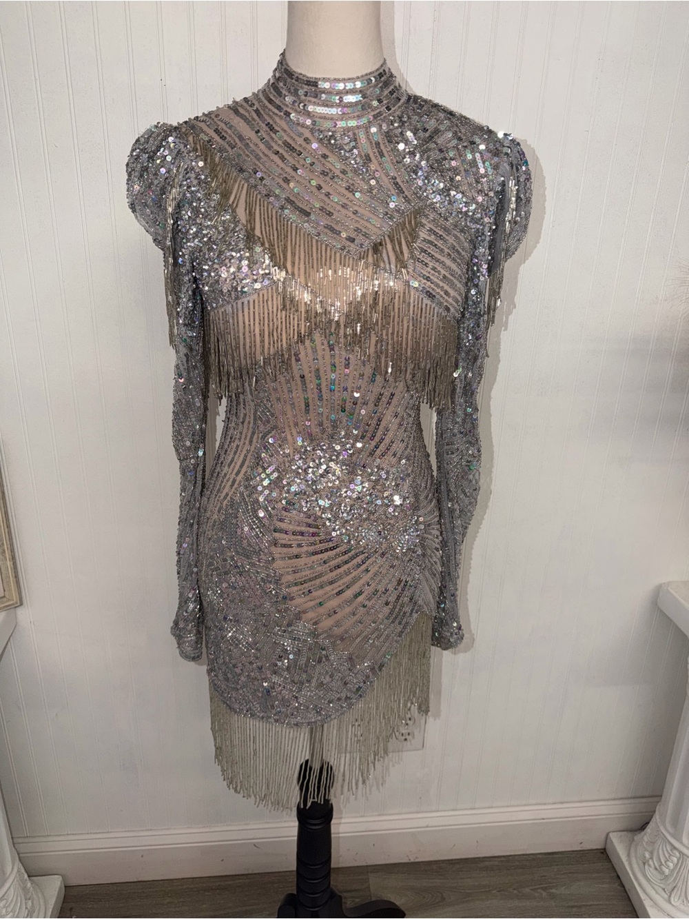Silver Sequined Fringe Long Sleeve Party Dress